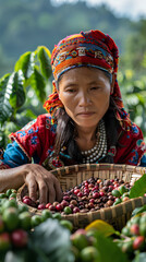Woman from northern Thai ethnic groups harvest coffee