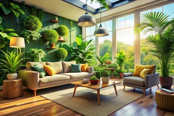 High-detail image:  Relaxing interior with modern decor, cozy plants creating a tranquil living room atmosphere.