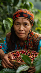 Woman from northern Thai ethnic groups harvest coffee
