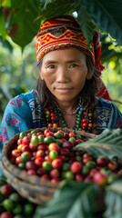 Woman from northern Thai ethnic groups harvest coffee