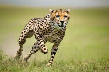 Fototapeta premium A striking image of a cheetah running at full speed across the open grasslands