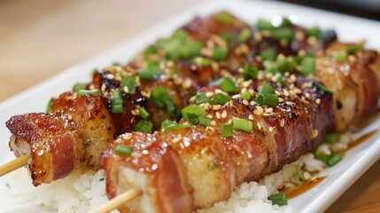 Savory bacon and rice cake skewers garnished with green onions and sesame seeds served on a white platter