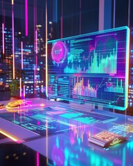 Dynamic data visualization and analysis urban office digital display night cityscape high-tech environment futuristic concept