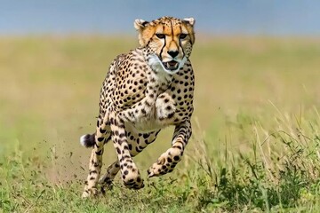 Fototapeta premium A striking image of a cheetah running at full speed across the open grasslands