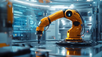 An orange collaborative robotic arm operates in a modern factory, surrounded by digital displays and a futuristic workspace, highlighting smart manufacturing and industrial automation.