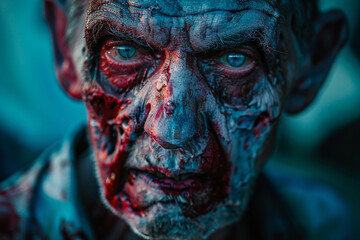 Obraz premium Scary sinister zombie wandering in street with dramatic lighting