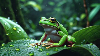 Rainforest Nature Landscape with Lush Greenery, Tropical Trees, Dense Jungle, Exotic Wildlife, Sunlight Beams, Misty Atmosphere, Vibrant Parrots, Waterfalls, and Scenic Streams-Tropical Paradise 