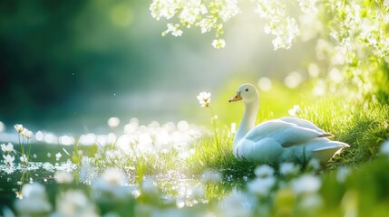Elegant white duck by a serene riverbank surrounded by flowers in the warm sunlight of spring or summer perfect for nature-themed designs