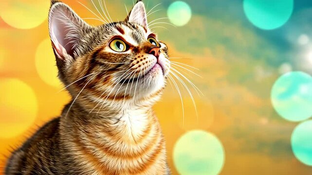 The lifestyle portrait captures the cute exotic shorthair cat playfully arching its back against a vibrant colored wall