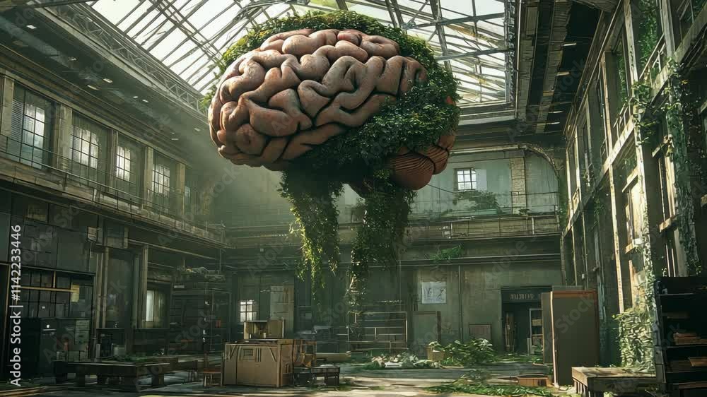Poster floating brain surrounded by vines in an industrial building with a broken roof, sunlight filtering 