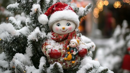 Festive New Year's toys adorn an evergreen spruce, adorned with twinkling garlands and dusted with snow. The streets of Moscow's center showcase festive Christmas decorations