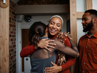 Diverse friends sharing warm embrace at holiday gathering, young woman with platinum blonde hair hugging friend while wearing festive rust colored sweater and rose gold tinsel