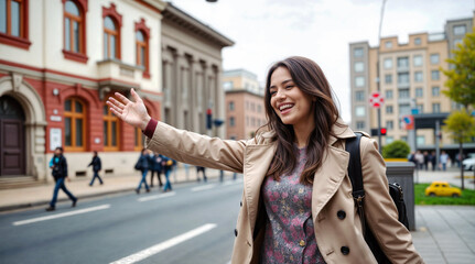 Young Hispanic woman in beige trench coat and floral dress waving cheerfully on urban street, expressing joy and confidence while hailing taxi in European city