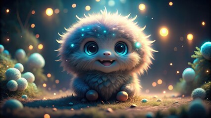 Misty blues illuminate a cute, fluffy, glowing creature; its smile magical in the dark fantasy scene.