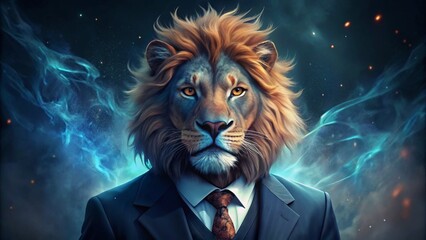 Portrait shot of lion wearing suit on black smoky background
