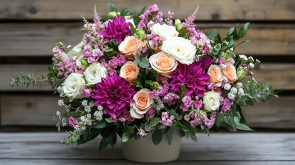 Vibrant wedding bouquet featuring fresh flowers in pink and white tones arranged elegantly in a modern vase on a rustic wooden background