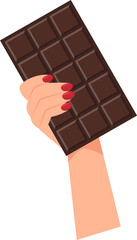 Hand holding chocolate bar icon. Cocoa organic product. Vector illustration isolated on white background