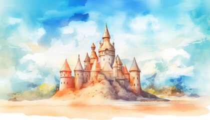 Watercolor illustration of a large stone castle on a sandy seashore against a bright blue sky with white clouds.