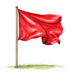 Red flag waving gently on wooden pole, symbolizing caution and alertness. vibrant color stands out against white background
