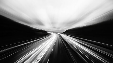 Dynamic black and white image of a semi truck captured in motion on a highway showcasing blur and speed through artistic perspective.