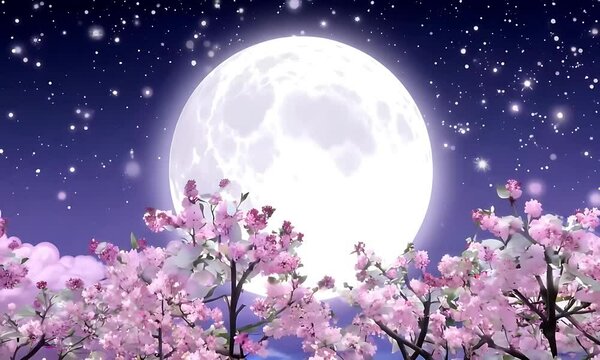 Blooming Pink Flowers Under a Bright Full Moon and a Starry Night Sky - Nature Nighttime Scenery Animation