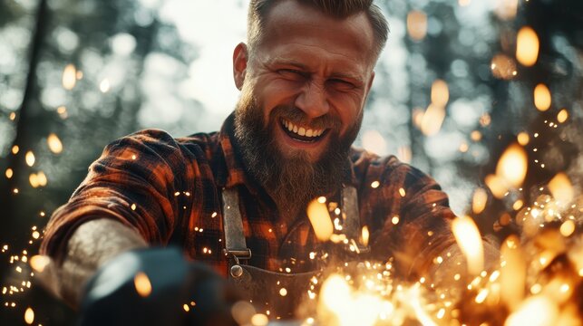 A bearded man grins widely, feeling joyful and energetic while surrounded by vivid sparks flying in all directions in his workshop, showcasing positivity and skill.