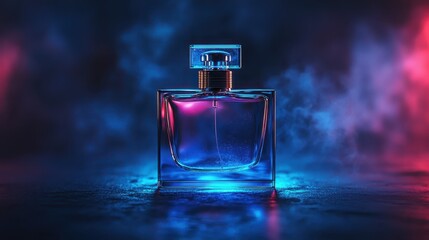 Sleek perfume bottle illuminated with vibrant colors in a misty background