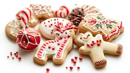 A festive variety of cookies decorated with icing and sprinkles, featuring shapes like reindeer, ornaments, and candy canes, isolated on white