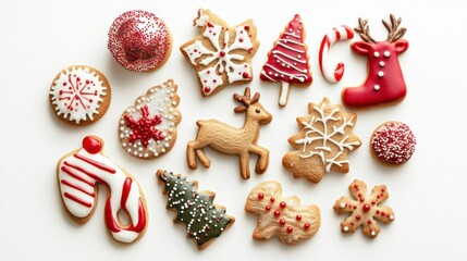 Obraz premium A festive variety of cookies decorated with icing and sprinkles, featuring shapes like reindeer, ornaments, and candy canes, isolated on white