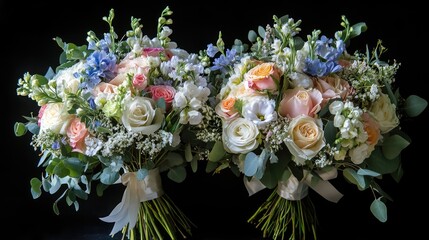 Elegant wedding bouquets featuring pastel roses and delicate fillers against a dark background showcasing floral beauty and romance.