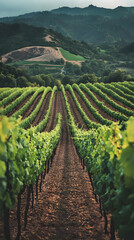 Obraz premium A scenic vineyard landscape with rows of grapevines leading to distant hills.