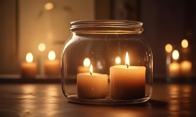 Softly glowing candle in a glass jar with a warm ambiance,  illumination,  glass,  fire