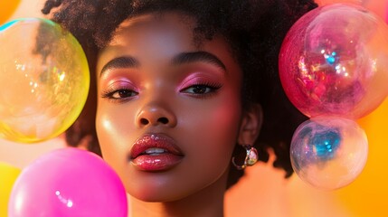 Naklejka premium Woman's face, colorful bubbles, vibrant makeup.