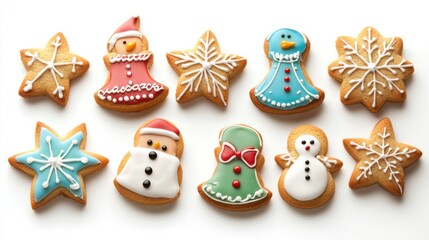 A set of beautifully crafted Christmas cookies featuring shapes like bells, snowmen, and stars, decorated with icing, isolated on white