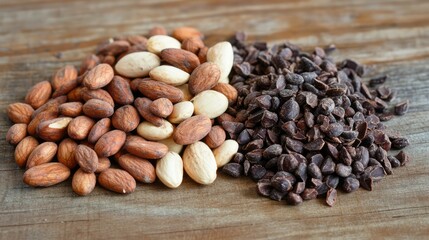 Almonds and cacao nibs arranged on a rustic wooden background showcasing natural textures and earthy colors
