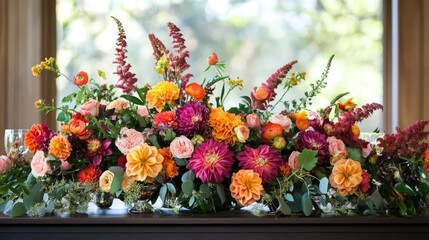 Fototapeta premium vibrant wedding floral centerpiece featuring an array of colorful blooms and lush greenery on an elegantly set table