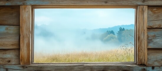 Serene misty landscape framed by rustic wooden window evoking a dreamy and tranquil atmosphere in nature scenery.