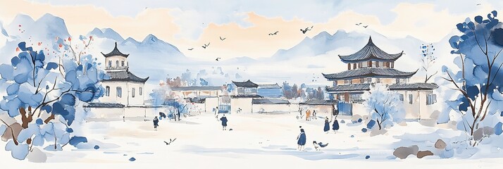 Enchanting winter scene: Ancient Chinese courtyard in delicate brushstrokes. Vibrant ink painting showcases snowy landscape, distant mountains, and artistic sky. Abstract marketing background, elegant