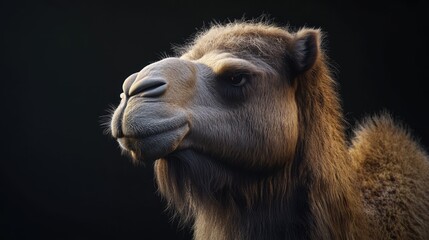 Bactrian camel portrait showcasing unique features against a dark background highlighting its distinctive double hump and expressive expression.