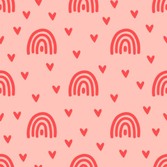 Pink seamless pattern with hearts and rainbows
