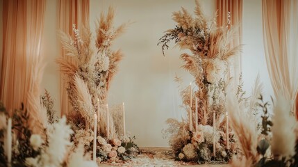 Elegant wedding ceremony with floral decorations and soft pastel tones creating a romantic atmosphere for the special day