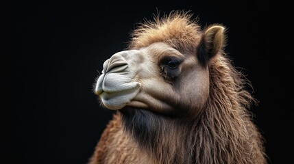 Obraz premium Bactrian camel portrait with detailed facial features against a black background showcasing its unique characteristics and majestic presence