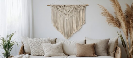 Intricate beige macrame wall hanging beautifully enhancing modern home decor with elegant patterns and textures for a stylish atmosphere