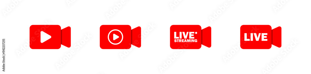 Poster live streaming set red camera icon. play button icons. vector isolated