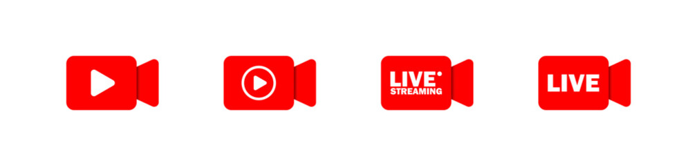 Live streaming set red camera icon. Play button icons. Vector isolated
