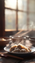 Delicious Chinese steamed dumplings on dining table