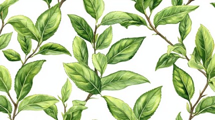 Lush watercolor painting of green tea leaves and branches. Perfect for tea packaging, websites, and other designs related to nature and healthy drinks.