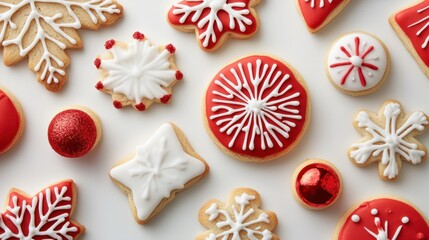Fototapeta premium A vibrant collection of holiday cookies with intricate sugar details in festive shapes like snowflakes and ornaments, on white