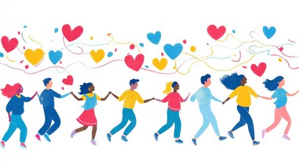 Colorful Illustration of Diverse People Holding Hands in a Joyful Line with Hearts and Balloons in a Vibrant Celebration of Unity and Togetherness