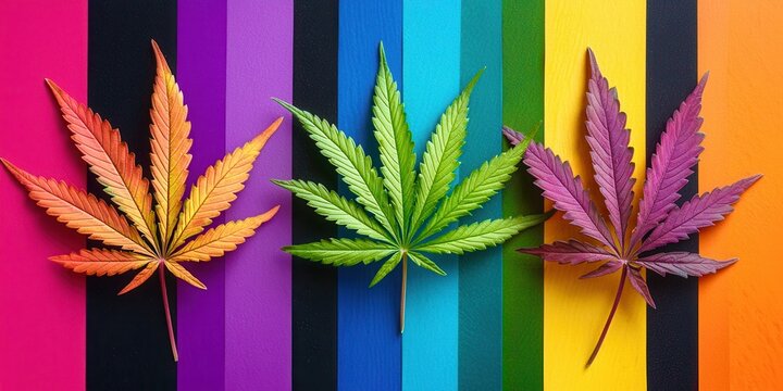 Three marijuana leaves are on a rainbow background